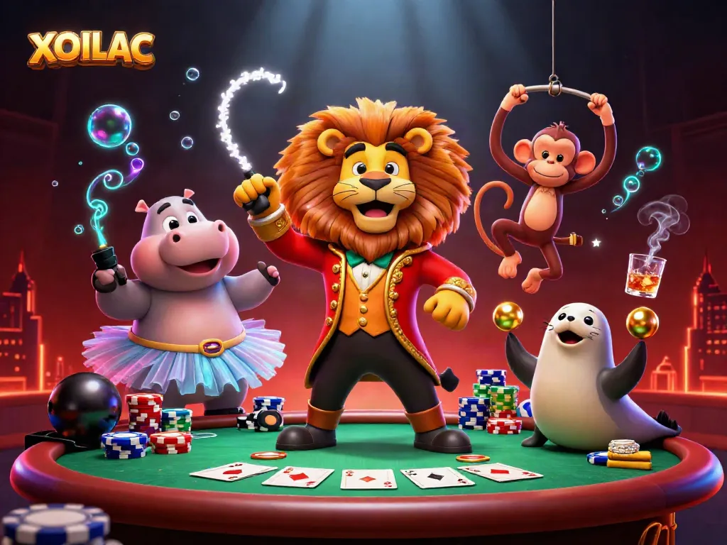 Engage in the vibrant world of XOILAC with a whimsical scene featuring a lion masterfully commanding a circus of gambling characters.