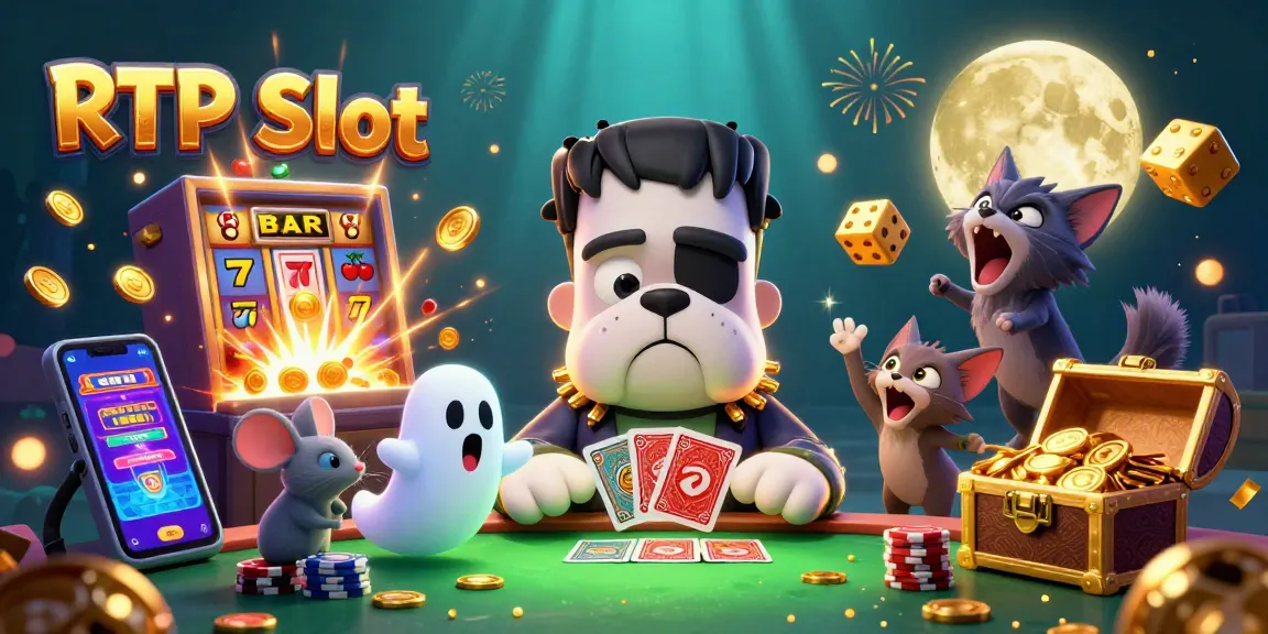 Engage with thrilling RTP Slot games featuring a vibrant casino scene with characters and prizes.