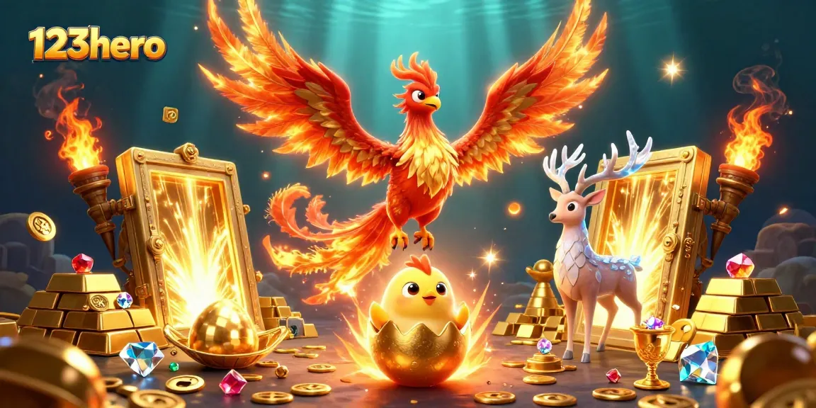 Experience thrilling wins at 123hero with a vibrant phoenix and treasure-filled casino scene.