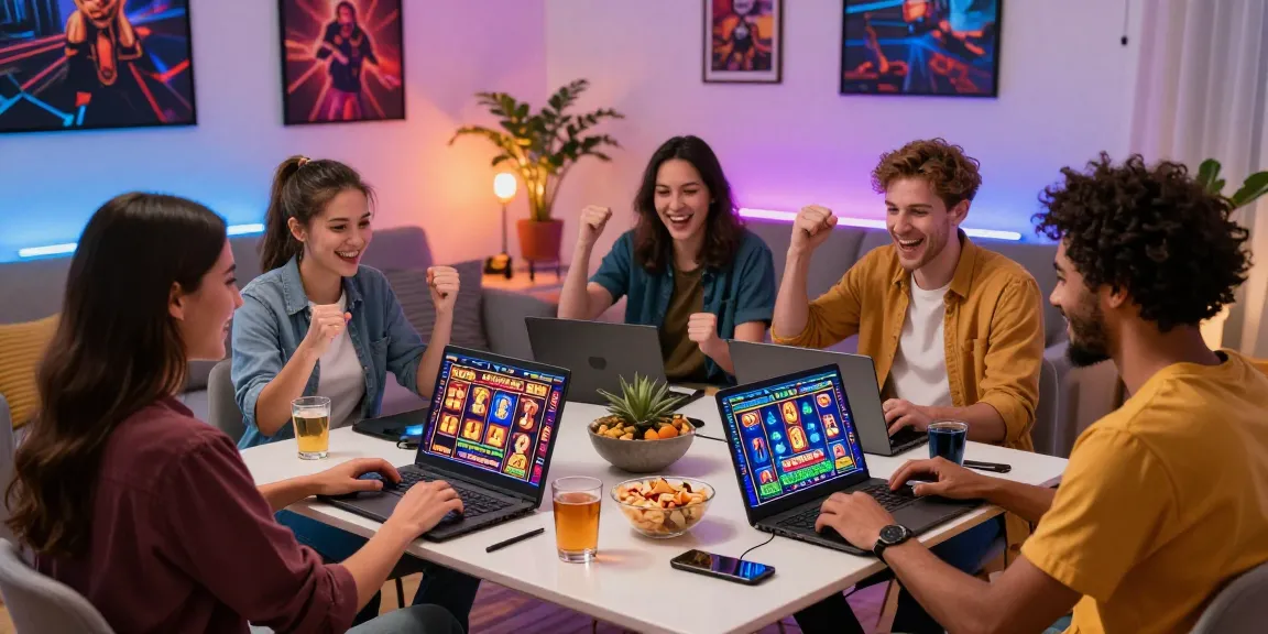 Engaged players enjoying slot online terpercaya in a lively home gaming environment with laptops and excitement.