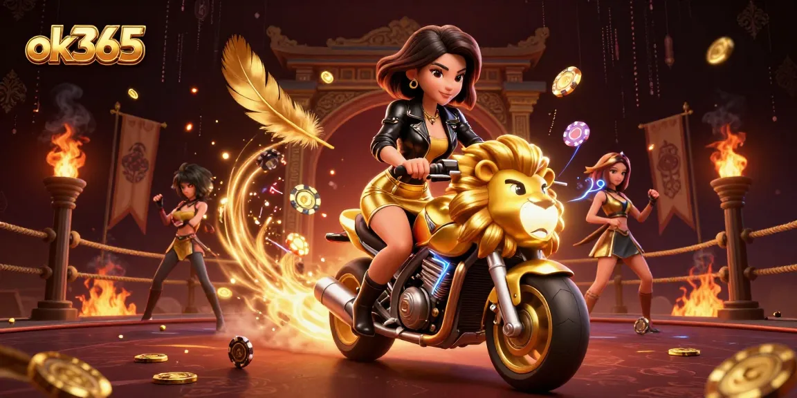 Engage in thrilling gaming at ok365 with a glamorous Asian woman riding a golden lion, surrounded by casino elements.
