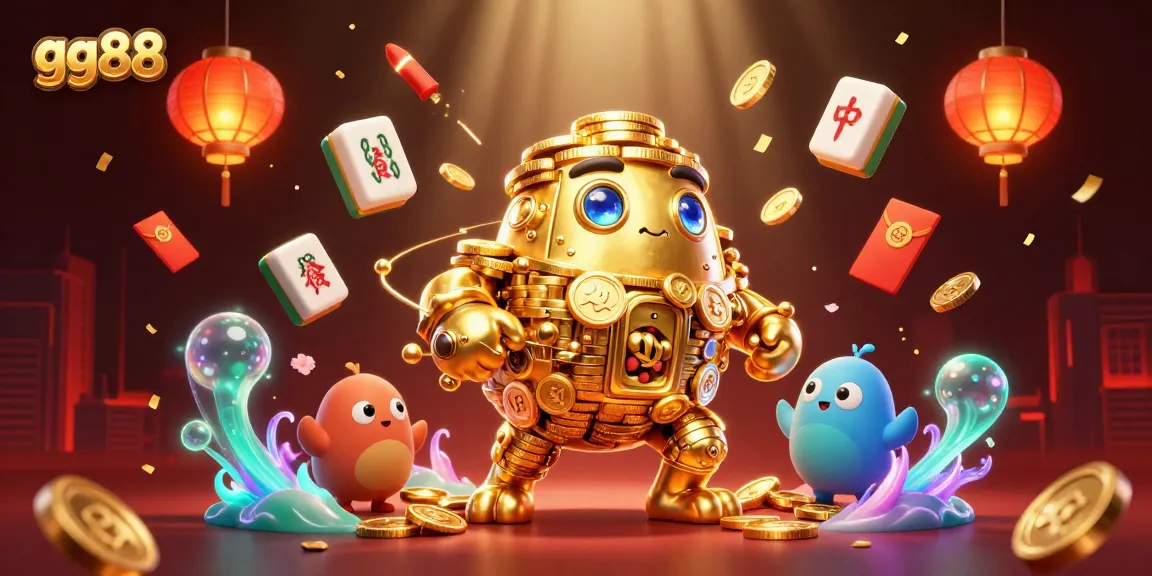 Experience thrilling gameplay at gg88 with a vibrant illustration showcasing a golden golem and festive casino elements.