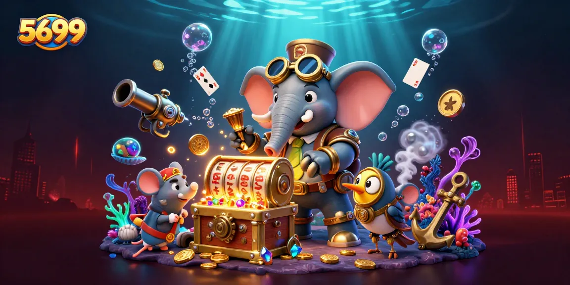 Experience thrilling slots with 5699's vibrant steampunk scene, showcasing rich casino elements and excitement.