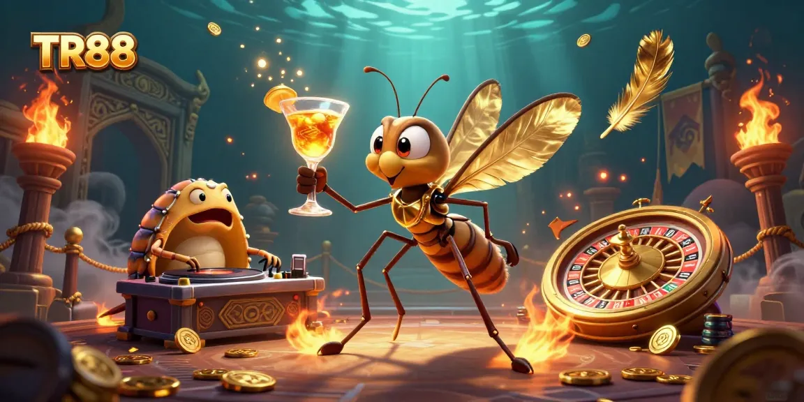 Experience the casino excitement of TR88 with vibrant elements featuring a frozen mosquito mascot, DJ trilobite, and golden roulette wheel in action.