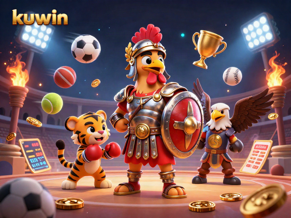 Kuwin sports betting scene with dynamic sports balls and a gladiator rooster