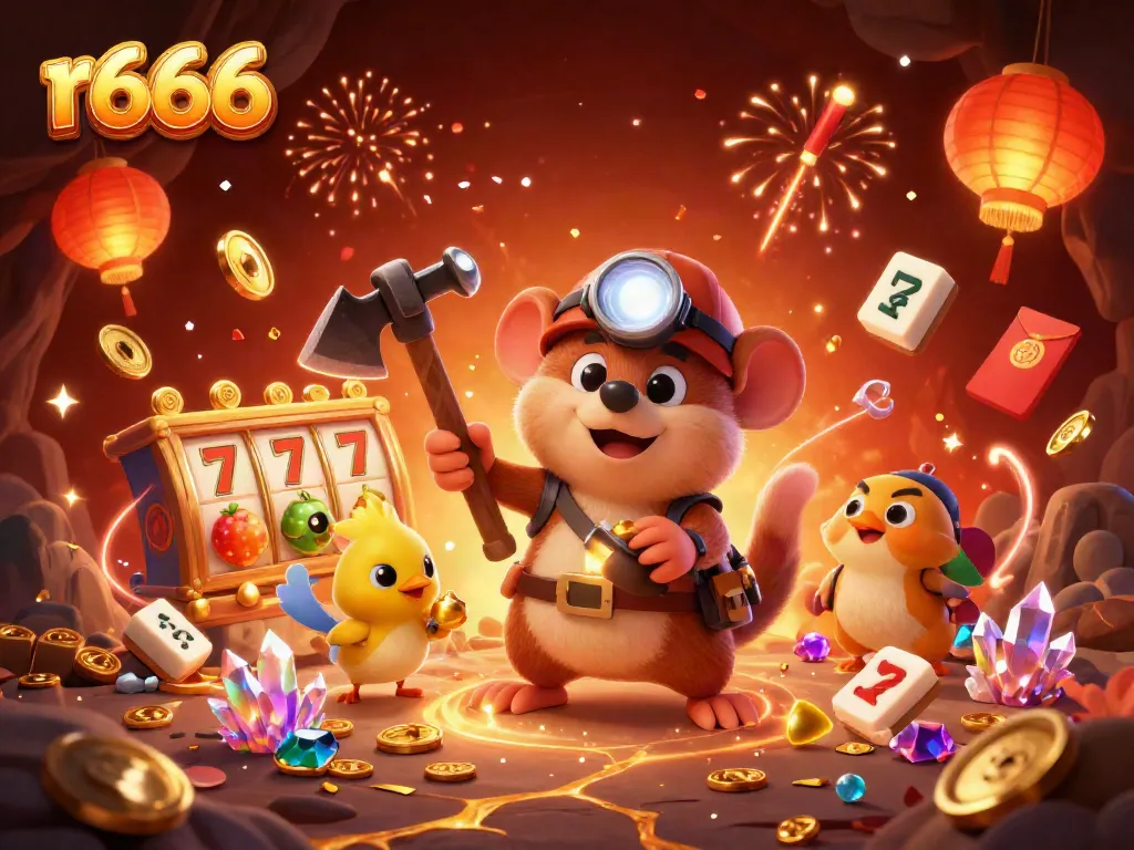 Experience the excitement of r666 as a treasure hunter mole discovers golden jackpots in a vibrant casino.