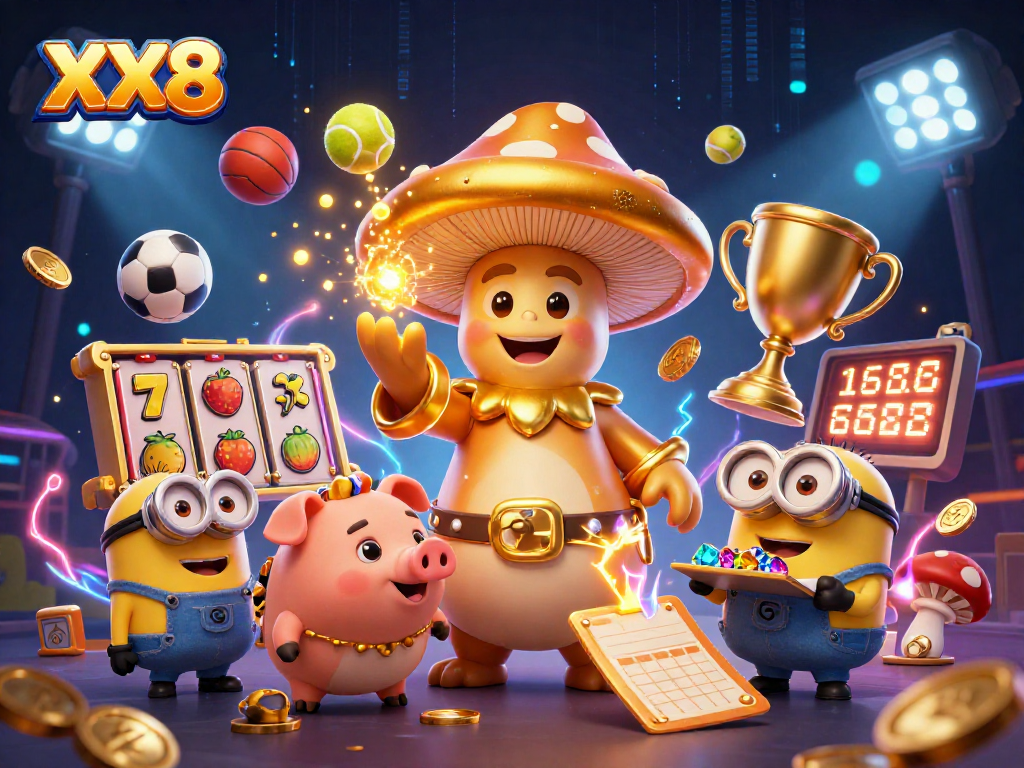 Place bets with XX8 and watch the golden mushroom wizard channel winnings in a vibrant casino scene.