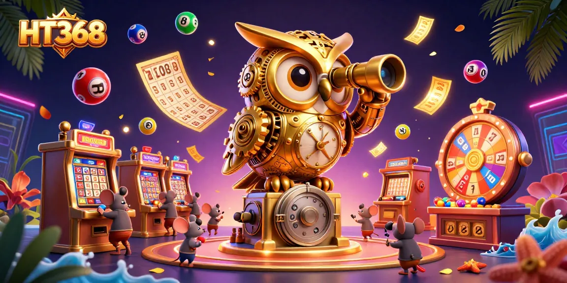Engage with HT368 at an exciting casino scene featuring a golden owl, vibrant games, and dynamic action.