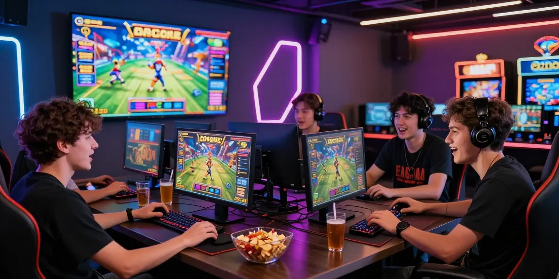 Friends excitedly playing slot gacor online in a vibrant gaming setup.